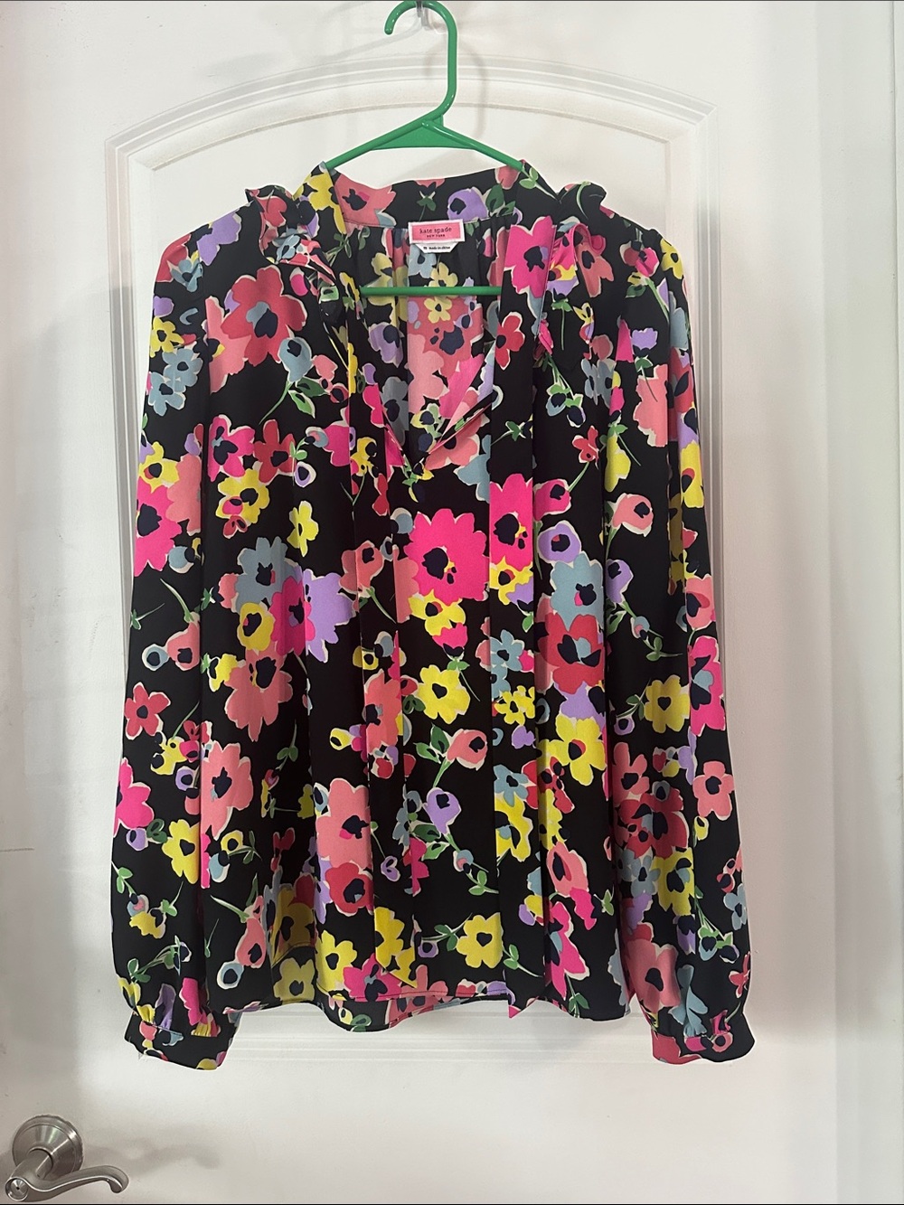 NEW Kate Spade Floral V-Neck Long-Sleeve Blouse - Black/Pink/Yellow Size M